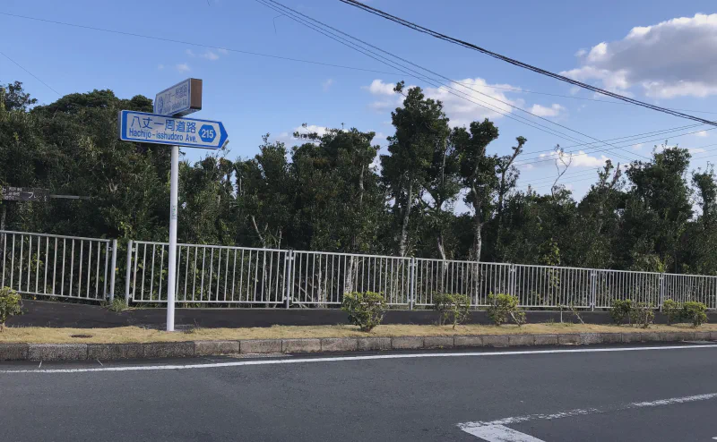八丈空港道路と八丈一周道路の分岐を示す道路標識